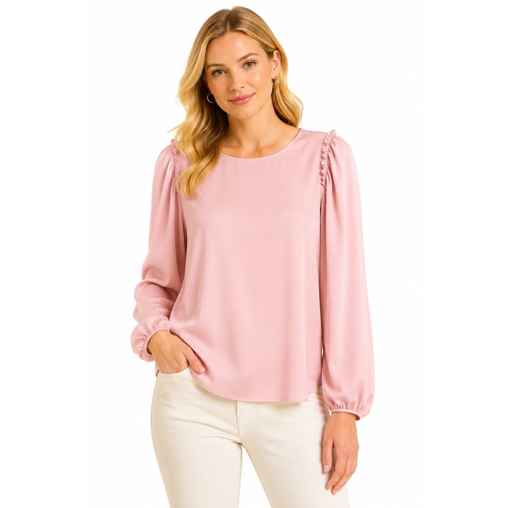 Ann Taylor Womens Blouse M‎ Pink Puff Sleeve Ruffle Long Sleeve Classic Top